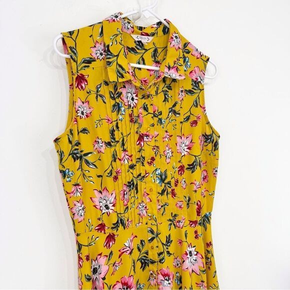 Nanette Lepore Yellow Pink Floral Pleat Chest A Line Sleeveless Shirt Dress - Picture 5 of 16